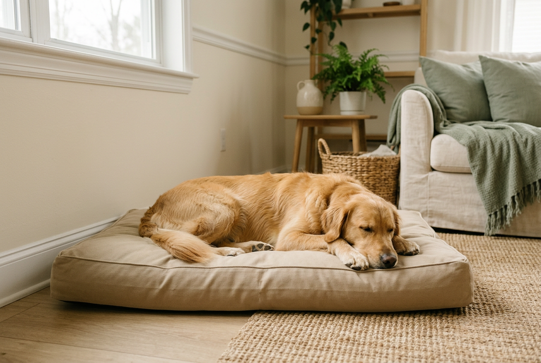 Illustrative golden dog resting on a beige rectangular dog bed in a softly lit living room.