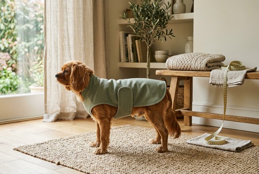 Illustrative tan dog wearing a sage coat beside a coiled measuring tape and folded sweater in a living room.