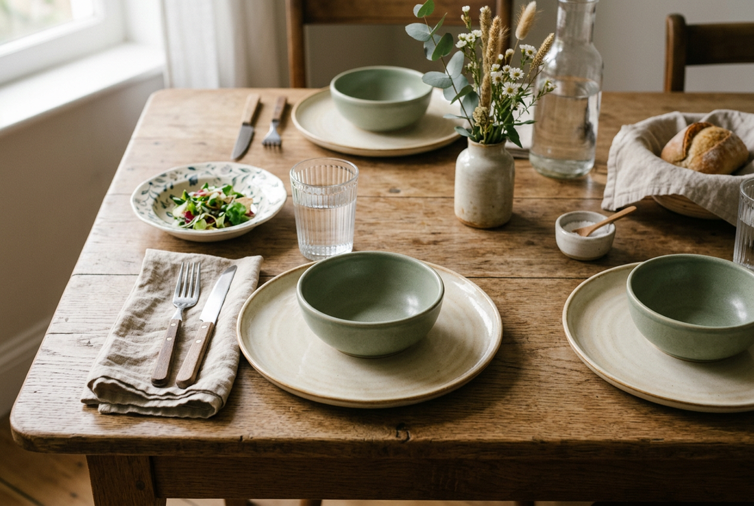 Illustrative table setting with cream and sage ceramic plates, bowls, clear ribbed glasses and linen napkins.