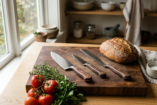 Illustrative kitchen knives arranged on a wooden cutting board beside tomatoes, herbs and bread.