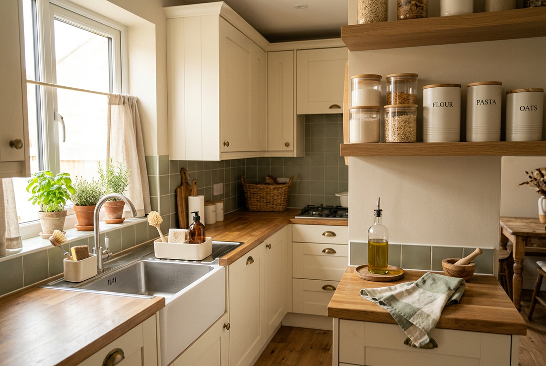 Illustrative compact kitchen with organized sink supplies, clear counters and neatly arranged storage containers.