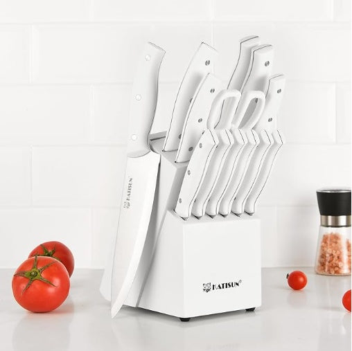 15-Piece White Kitchen Knife Set with Sharpener